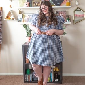 Puffy Short Sleeve Blue Gingham Picnic Dress
